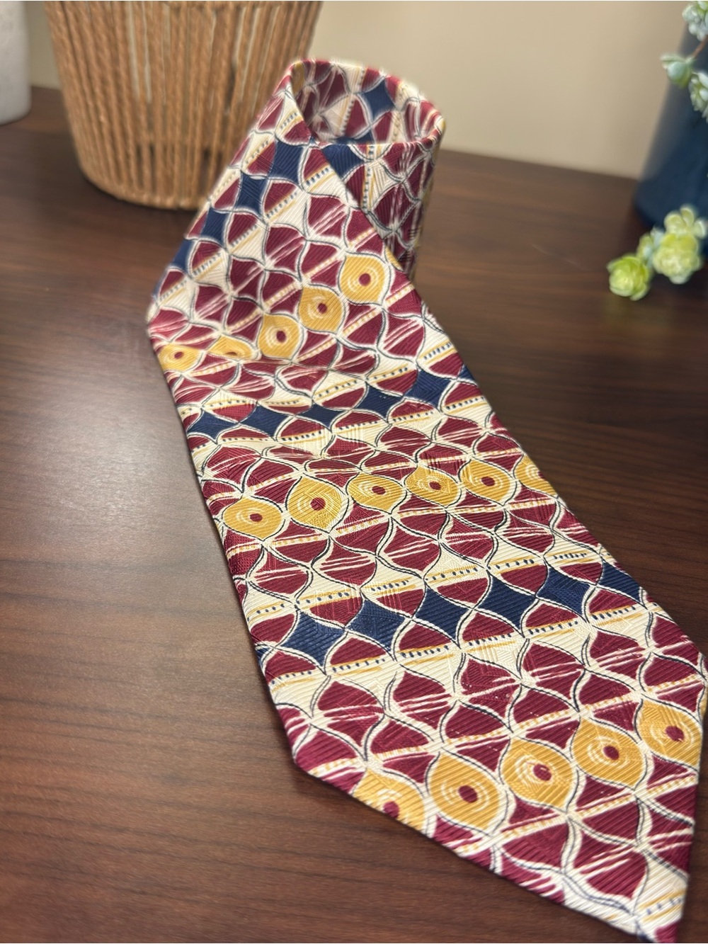 Classic Geometric Pattern Men's Tie in Burgundy, Navy & Gold